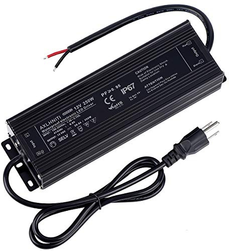 Waterproof IP67 LED Transformer - 250W 12V, 110V AC to 12V DC Low Voltage Output with 3-Prong Plug, 3.3 Feet Cable for LED Light, Computer Project, Outdoor Light