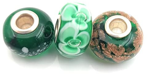 3 Beads Set aus Murano Glas und 925 Sterling Silber kompatible mit Pandora und Trollbeads Armband Grunfarbe