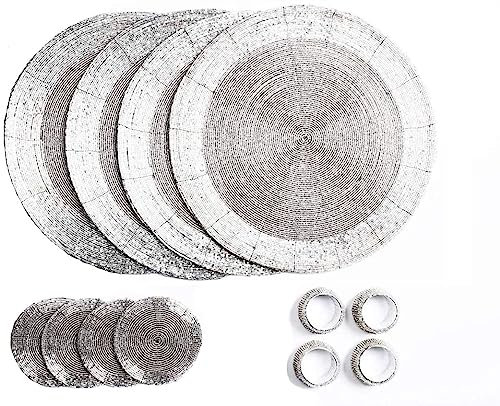 Penguin Home® Set von 12 Tischsets mit Glasperlen, Untersetzer und Serviettenringe - silberfarben - Runde Tischsets - Handgefertigt von erfahrenen indischen Handwerkern - Durchmesser - 32 cm, 3748