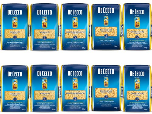 TESTPAKET Pasta De Cecco italienisch (10 x 500g) 5 Arten von Nudeln kleine Nudeln (Stellette - Anellini- Mezzi Tubetti Lisci - Ditali Lisci - Tubetti Lisci)