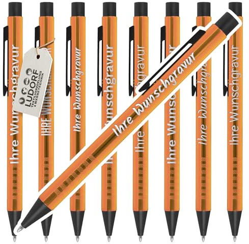 #teamludorf Kugelschreiber Orange - 50 Stück - hochwertig graviert mit Wunschtext oder Logo - personalisiertes Werbegeschenk für Firmen, Messen & Kunden - edler Gravur-Kuli mit blauer Mine