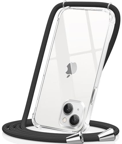 CAROKI Compatible with iPhone 13 Mini Crossbody Phone Case, Lanyard Protective Case with Adjustable Length Lanyard Rope Shockproof Hands-Free Clear Transparent-Black
