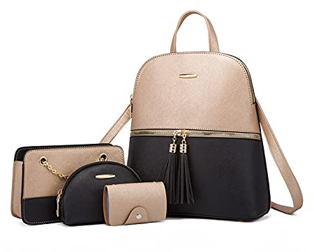 NICOLE & DORIS Rucksack Damen Klein Casual Daypack Elegant Wasserdicht Damenrucksack PU Leder Tagesrucksack Farbblock Umhängetasche Damen Rucksack-4 Set Schwarz mit Gold