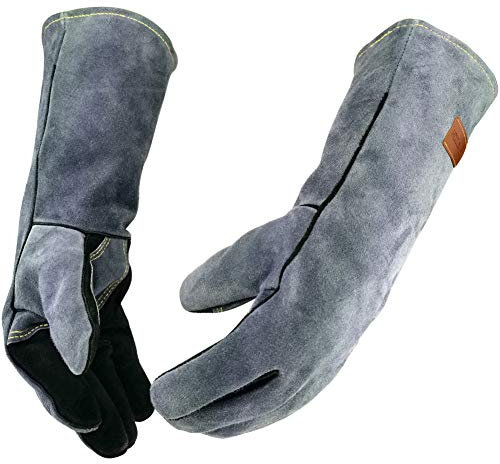 WZQH 14 Inches,932℉,Leather Forge Welding Gloves small, Heat/Fire Resistant,Mitts for BBQ,Oven,Grill,Fireplace,Tig,Mig,Baking,Furnace,Stove,Pot Holder,Animal Handling Glove.S,Black-gray