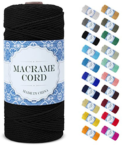 Uiopa Makramee Garn 2mm x 200m, Natürliche Baumwollgarn Baumwollkordel Farbig Baumwollschnur, Makramee-Garn Geflochten für DIY Basteln, Hängepflanze, Wandbehang, Weben Dekoration (Schwarz)