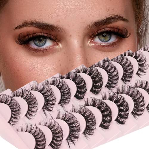 False Eyelashes Russian Strip Lashes D Curl 3D Fake Lashes Natural Wispy Fluffy Volumn Strip Lashes 16MM Faux Mink Eye Lashes Reusable Handmade 10 Pairs Pack (5 Styles Mix)