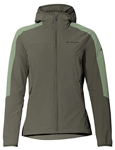 VAUDE Moab IV Softshelljacke Damen – Winddichte Wanderjacke mit Kapuze, 80% Windschutz & Wasserabweisend, aus 86% recyceltem Polyamid, khaki,42