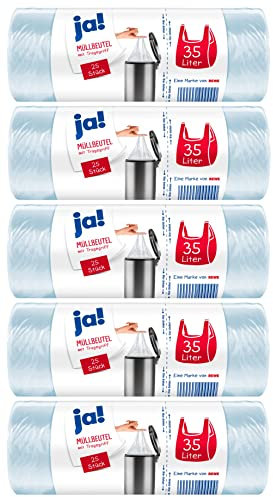 ja! 125 Müllbeutel/Mülltüten mit Tragegriff, 35 Liter, 25 Stück pro Rolle, reißfeste Bodennaht, transparent, 5 Rollen