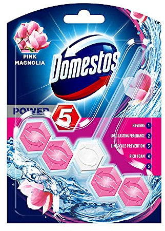 Domestos Power 5 Pink Magnolia toilet blocks that clean at full power for up to 300 flushes Toilet Rim Block up to 3x more limescale prevention* 55 g (Pack of 9)