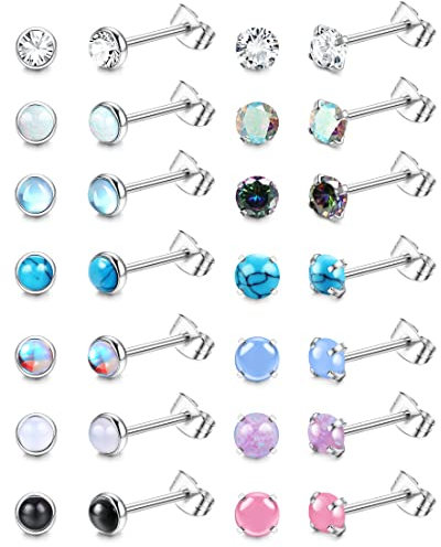 JeweBella 14Paar Kleine Ohrstecker Set für Damen Herren Chirurgenstahl Zirkonia Opal Mondstein Türkis Schwarz Onyx Ohrstecker Set Hypoallergene Natürliche Runde Ohrstecker Piercing Knorpel Ohrstecker