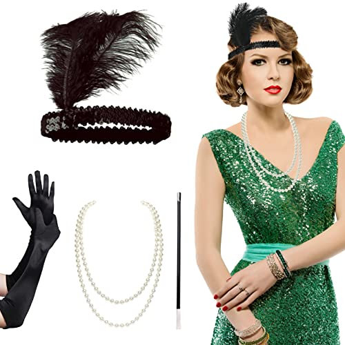 AOT 4 Stück 1920er Jahre Flapper Stirnband Ein Paar schwarze lange Handschuhe Feder Stirnband Kunststoff Perlenkette Kunststoff Zigarettenstange Haarschmuck für Party Kostüm Schmuck Frauen Mädchen