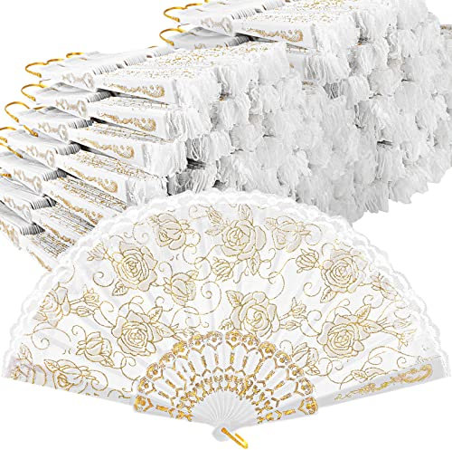Wesiti 100 Pieces Rose Lace Floral Hand Fans Gold Retro Elegant Chinese Folding Fan White Vintage Bridal Handheld Dancing Fan Props for Wedding Party Church Ornaments