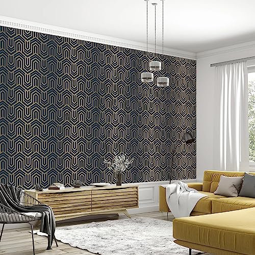 URBNLIVING Home Decoration DIY Vinyl Textured Designed Black Gold Champagne Feature Wall Decorative Wallpaper Rolls (Dark Blue & Gold Pattern Vinyl Textured Wallpaper)