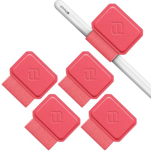 FINTIE 4 Stück Stifthalter Selbstklebend für Apple Pencil und Stylus Stift, Elastisch Kunstleder Pen Loop Holder für Notizbuch, Kalender, Tablet, Ordner, Rot