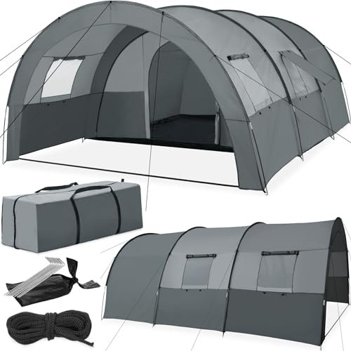 tectake® Tienda de Campaña Familiar Tipo Túnel, Tienda Campaña XXL para 6 Personas, Tienda Campismo con Protección UV y Repelente al Agua, Cuatro Ventanas, 350x480x195 cm, con Bolsa de Transporte