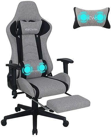 Fullwatt Gaming Stuhl, Massage Racing Stuhl Stoff mit Fußstütze,Ergonomischer PC Gamer Stuhl,Bürostuhl mit Abnehmbare Kopfstütze, Lendenkissen, bis 150 kg belastbar (Grau)