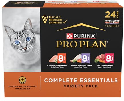 Purina Pro Plan Complete Essentials Chicken, Turkey and Beef Grain Free Wet Cat Food Variety Pack - (24) 3 oz. Cans