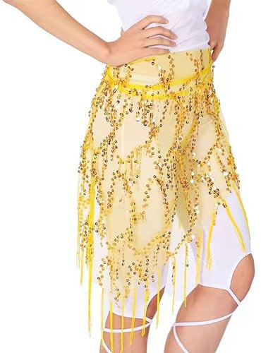 Hayaww Damen Bauchtanz Hüfttuch Mit Pailletten Gürtel Rock Bauchtanz Pailletten Glitzer Rock Mit Fransen Bauchtanz Gürtel Bauchtanz Hüfttuch Damen Für Frauen Und Mädchen Festival Tanzperformance(Gelb)