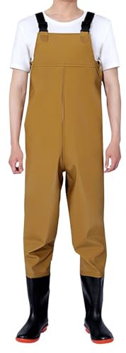 Wasserdichte Wathose mit Stiefel: Lätzchen und Hosenträgerhose für Herren, zum Angeln, Latzhose, Overall, Anglerhose mit Riemen, Wathosen, Gelb, 47