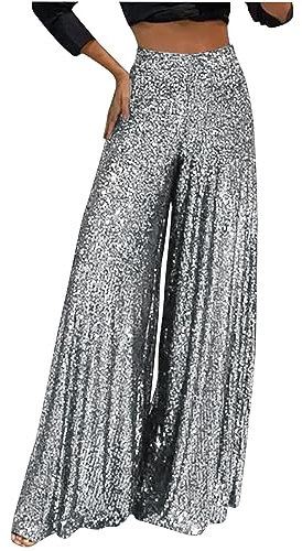 Paillettes Bling Taglio Alto Svasato Gamba Larga Pantaloni Formali Pantaloni per Donna Autunno Estate Pantaloni Pantaloni Donna 2025, E-022 Argento, XXXL