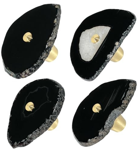 Mookaitedecor Set of 4 Black Agate Crystal Drawer Knobs with Screws, Irregular Black Crystal Stone Handles Pulls for Cupboard Cabinet Wardrobe Kitchen Unique Decorative Furniture Brass Knobs