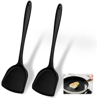 LATRAT 2 x Silicone Wok Spatulas, Heat Resistant, Soft Silicone Wok Spatula, Silicone Kitchen Utensil Set, Silicone Slotted Spatula, Pancake Turner, for Cooking, Baking, Turning, Dishwasher Safe