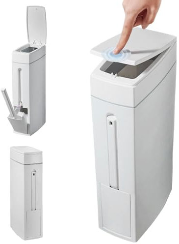 Toilet Accessories, Bathroom Trash Can Set 16.5x8x4.3in 1.2-Gallon Slim Bathroom Bin with Toilet Brush Holder Press-Opening White Rectangular Toilet Trash Can for Toilet Kitchen Space Saving