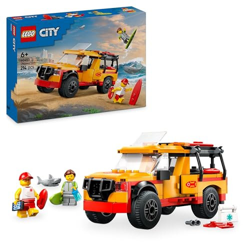 LEGO City Furgoneta de Rescate del Socorrista y Tiburón de Juguete, Juego de Playa con 2 Minifiguras y Accesorios como Tabla de Surf y Aletas, Regalo para Niños y Niñas de 6 Años o Más 60453