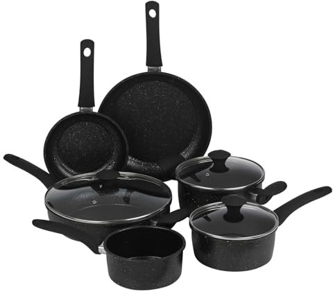 URBN-CHEF 5/6/7/9 Pcs Black Marble Coated Saucepans, Casserole Pots & Frying Pans Forged Premium Carbon Stainless Steel Non-Stick Cookware Set | Induction Cooking for Gas, Electric, Ceramic Stovetops