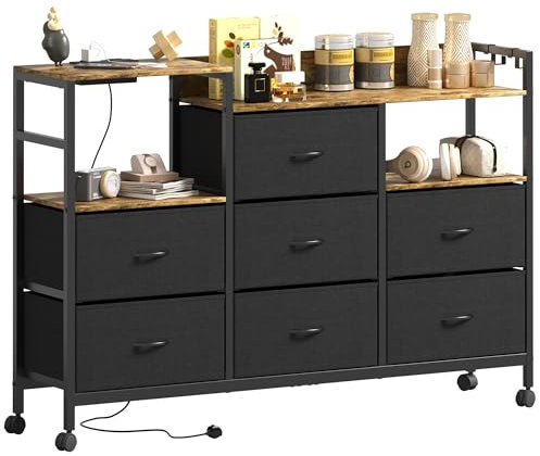 Lutown-Teen Chest of 7 Drawers on Wheels, with 2 USB Ports, 2 AC Outlets, Dresser for Bedroom with 7 Fabric Drawers and Storage Shelf, for Living Room, Rustic Brown Wooden Top, Sturdy Metal Frame