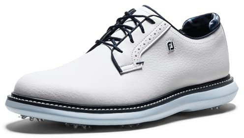 FootJoy Men's Traditions Blucher Golf Shoe, White/Sky Blue/Camo, 9