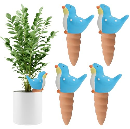 Kalolary Lot de 4 Cônes d'Arrosage Autonomes en Terre Cuite, Globes Goutteurs Décoratifs pour Plantes - Système d'Arrosage Automatique pour Plantes d'Intérieur et d'Extérieur (Oiseau Bleu)