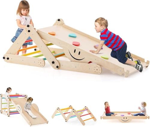 FANTASK Équipement d'escalade en Bois, Triangle d'escalade d'intérieur Multifonction avec Rampe réversible, balançoire, grimpeur réglable pour Enfants à partir de 3 Ans