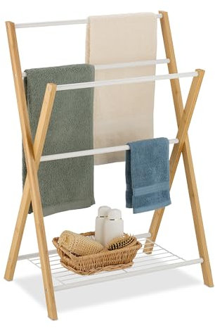 Relaxdays Handtuchhalter, Handtuchständer mit 4 Stangen und Ablage, für Hand- & Badetücher, Bambus & Eisen, natur/weiß