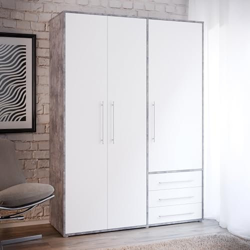 Forte Jupiter Kleiderschrank 140 150, Schrank mit 3 Türen und 3 Schubladen, Holzwerkstoff, Weiß/Betonoptik Lichtgrau, 144,4 cm breit, 200 cm hoch, 53 cm tief
