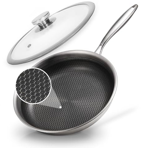 KOKHUB Stainless Steel Frying Pan with Lid, 28cm Nonstick Honeycomb Skillet, Non Toxic Cookware Pan for Induction, Electric and Gas Hob, Dishwasher/Oven Safe, PFOA Free