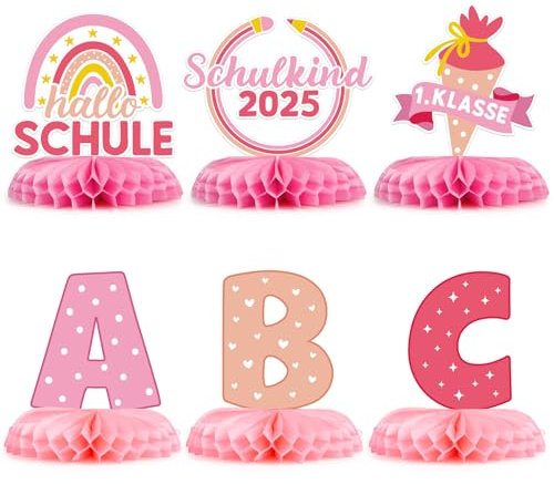 BETESSIN Einschulung Deko Mädchen Rosa - Schulkind 2025 Mädchen - 6 Stück Tischaufsteller mit Boho-Regenbogen & Schultüte Motiv - Bienenwabe Mittelstück - Tischdeko für Einschulung, Schulanfang uvm.
