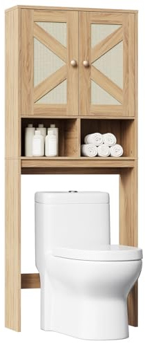 HOOBRO Over Toilet Storage Unit,Bathroom Storage Cabinet with Rattan-Style Doors,Farmhouse Bathroom Storage Shelf, Adjustable Shelf, Laundry Room, Natural ENL23TS01