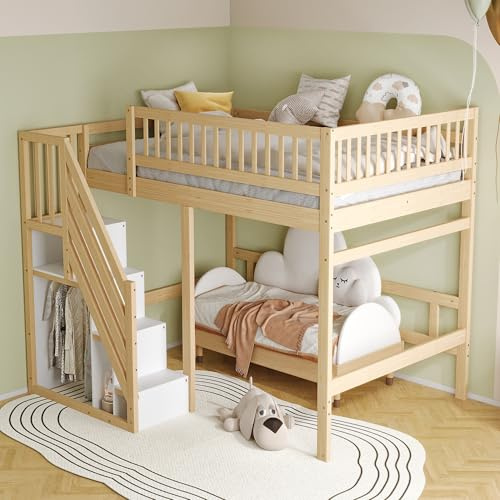 RIAZOS Kinderbett 140x200 cm, Hochbett mit Treppe und Regale, Kleiderstange | Funktionsbett Etagenbett Stockbett Jugendbett, Natur, ohne Matratze