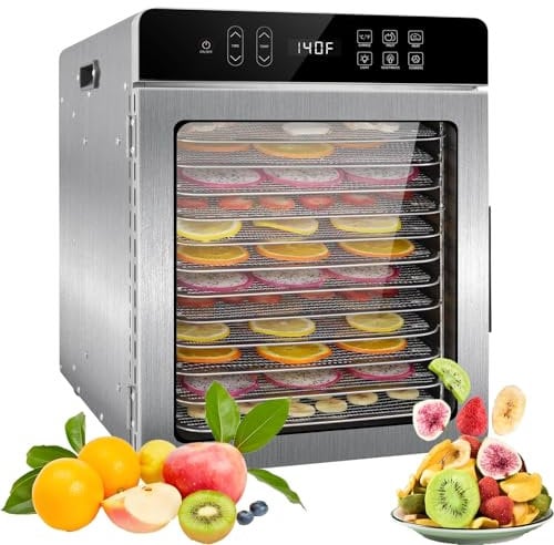 Deshidratador de alimentos (10 bandejas de acero inoxidable)800W,ideal for carne seca,frutas,verduras y golosinas for perros,Temporizador digital de 24hora con control de temperatura de 30a90°C(10 Lar