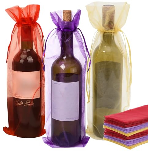 50 Stück Organza Flaschentasche, 37x14 cm Bunte Weinflasche Geschenkbeutel, 750ML Wein Organzabeutel mit Kordelzug, Weinflaschenbeutel für Wein Champagner Hochzeit Weihnachten Party
