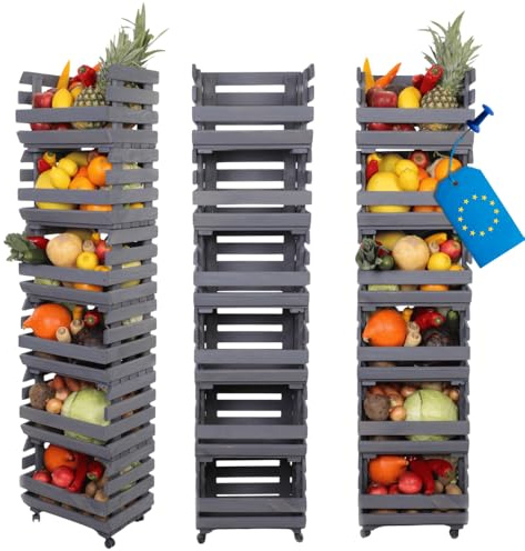 MODO24 Modular Holzregal für Gemüse & Obst auf Rollen, Stapelbares Regalsystem aus Kiefernholz, 6 Holzkisten, Kartoffelsteige, Küchenregal, Vorratsregal, Gemüseregal, Abm. 157x37x30 cm, Fargbe: Grau