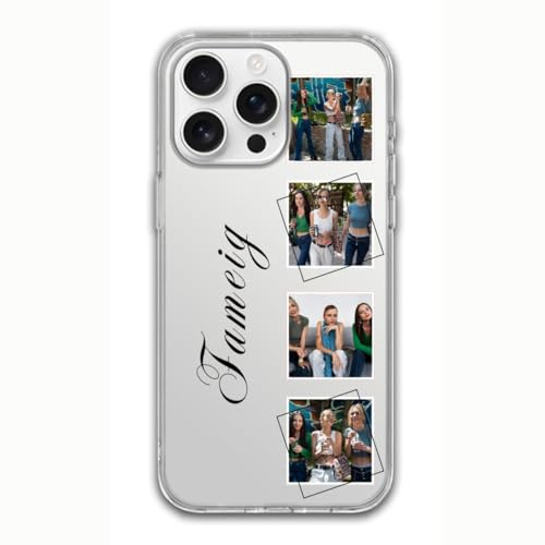 Individuelle transparente Schutzhülle für iPhone 17, 16, 15, 14, 13, 12, 11 Pro Max Mini, personalisierbar mit 4 Fotos und Text