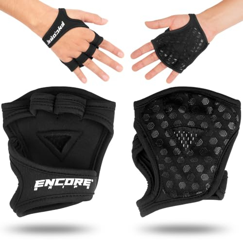 Encore Grips Griffpolster Kraftsport – Griffhilfen & Grip Pads für Krafttraining, Bodybuilding & Klimmzüge, Neopren Silikon Handgriffe, Gym & Fitness, 1 Paar (Schwarz, L)