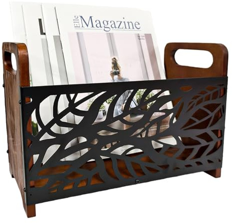 VEGOATY 35x17x4cm Zeitungsständer: Holz Schallplatten Aufbewahrung, Baumblatt-Design Buchstützen Metall, Bücherregal, Zeitungshalter Zeitschriftensammler Für Wohnzimmer, Büro Und Vielseitige Räume