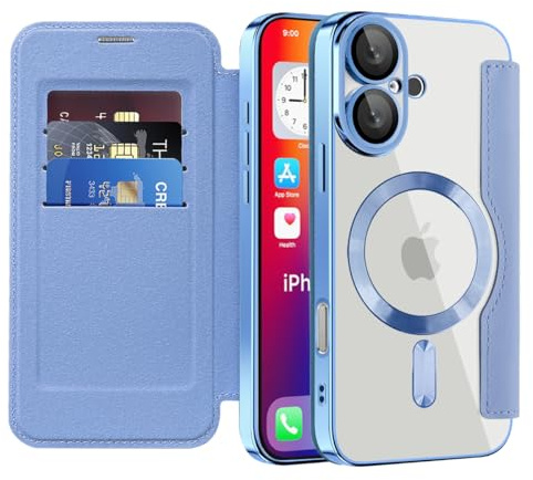 SIYOPINPFY Wallet Case for iPhone 16 with Card Holder, DAR Peaks Blue JD | [Compatible with MagSafe] [RFID Blocking] Premium Flip Leather Card Slots Holder , Magnetic Clear Back Shockproof Phone Case