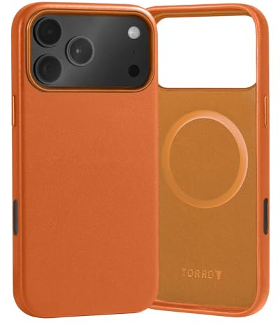 TORRO Premium Leather Case Compatible with iPhone 17 Pro 6.3” 2025 – Genuine Leather MagSafe Compatible, Ultra Slim Bumper Case (Orange)