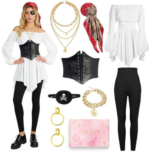 COYBTO Deguisement Pirate Femme Médiévale, Costume Pirate Femme Carnaval avec Pantalon Masque Corset et Foulard, Médiévale Deguisement Pirate Cosplay pour Adulte Fête Carnaval Halloween
