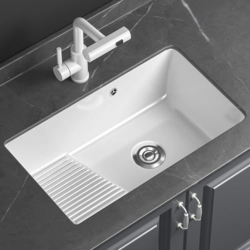 Lavandino Bagno in Ceramica Bianca con Asse per Lavare Integrata, Lavello di Servizio con Vasca Singola Profonda, Scarico Rapido per Cucina e Lavanderia(52.5x40x21cm/20.6x15.7x8.3in)