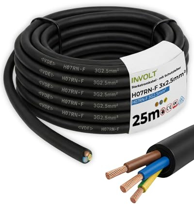 INVOLT 25m H07RN-F 3G2,5mm² CEE Verlängerungskabel, flexibel Gummikabel mit Schutzleiter, Außenbereich Baustellen, VDE zertifiziert | Flexibel, Außenbereich Baustellen, VDE zertifiziert